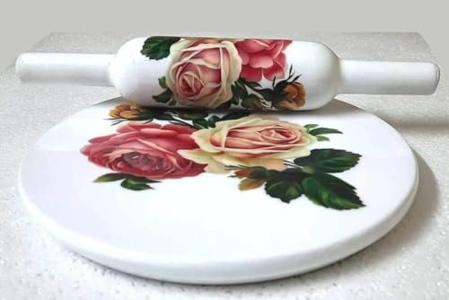 Image of Modern Floral Design Marble Chakla Wooden Belan | Printed 10 Inch Enamel Roti Maker with Belan | Heavy Duty Non-Slip Chakla for Roti, Chapati, Paratha |Kitchen Rolling Board (1 Set) (3.Rose Design)