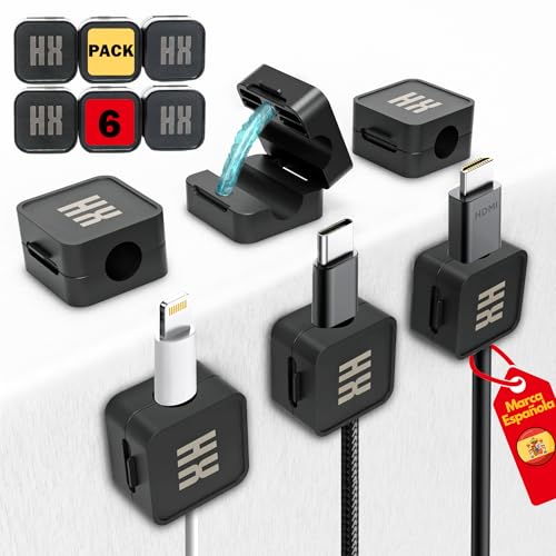HABITUX 6 Clips Magnéticos para Cables, Sujeta Cables Adhesivo, Soporte Cables para una Gestión Eficiente, Organizador Cables para Escritorio, Cables de Carga, etc.