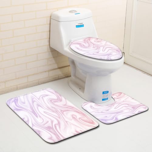 Bad Teppiche Set 3-Teiliges Abstraktes Rosa Lila WC Vorleger Mit Ausschnitt Badematte Saugfähig WC Deckelbezug Badvorleger rutschfest Waschbar Toilettensitzbezug Badgarnitur (50x80cm)
