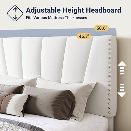 Image of Allewie Full Size Velvet Platform Bed Frame with Adjustable Headboard White | Height-Adjustable Velvet Headboard, Rivet-Style Nailhead Trim, Wooden Slat Support, No Box Spring Needed, Easy Assembly
