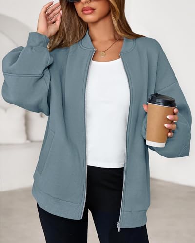 KIRUNDO Oversized Sweatshirt for Women Zip Up Bomber Jacket(Grey Blue, XXL) - image 7