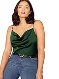 Romwe Women's Plus Size Draped Neck Casual Spaghetti Strap Satin Cami Tank Top Green 1X Plus