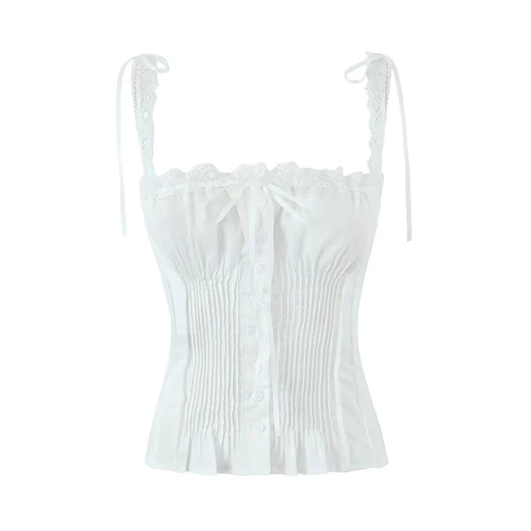 ERFMFKL Débardeur pour femme avec boutonnière en dentelle épissée Coupe ajustée Coton Vacances Haut court pour fêtes