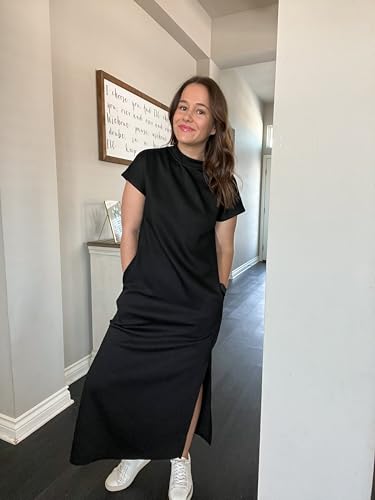 GRECERELLE 2025 Women Summer Mock Neck Short Sleeve Casual Loose Split Wrinkle-Free Long Maxi Dress with Pockets3