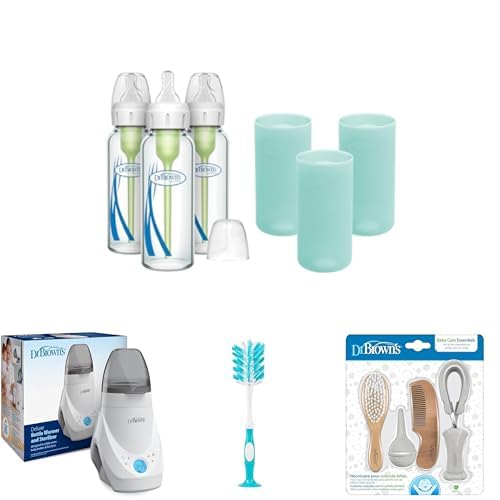 Dr. Brown's Anti-Colic Options+ Narrow Glass Baby Bottles 8oz and Level 1 Nipple, 3-Pack 0m+ and Mint Silicone Sleeves and Deluxe Bottle Warmer/Sterilizer and Brush and Care Essentials Kit