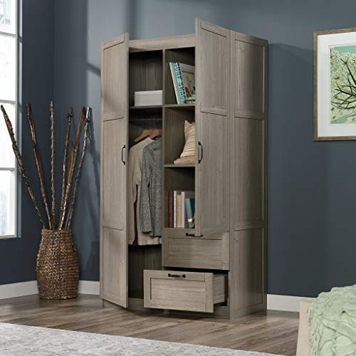 Image of Sauder Select Multipurpose Bedroom Armoire Wardrobe Closet Pantry Storage Cabinet with Storage Drawers and Hanging Rail, in Silver Sycamore