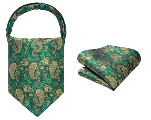 Image of HISDERN Ascot Ties for Men Paisley Floral Ascot and Pocket Square Set Classic Self Tie Mens Cravat Handkerchief for Wedding