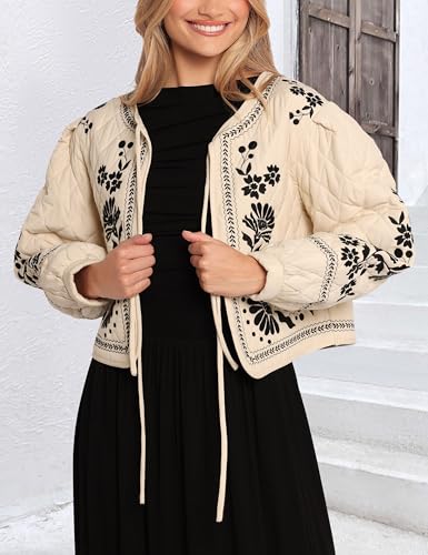GTLIAE Women's Lightweight Quilted Jacket with Floral Embroidery in Light Taupe - Small - Image 4