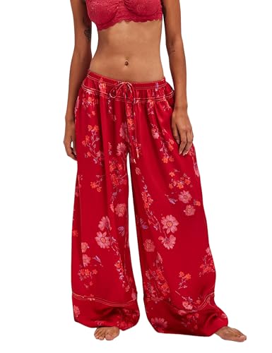 SKIKYAN Women Summer Casual High Waist Wide Leg Pants Floral Print Palazzo Pant Flowy Lounge Beach Trousers with Pockets