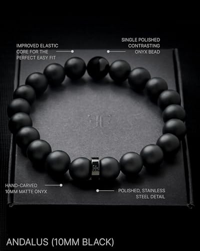 Forge & Foundry Men’s Matte Black Solid Onyx Beaded Bracelet | 10mm, 8mm, 6mm Bead Size Options | Signature Stainless Steel Engraved Bead | Andalus3