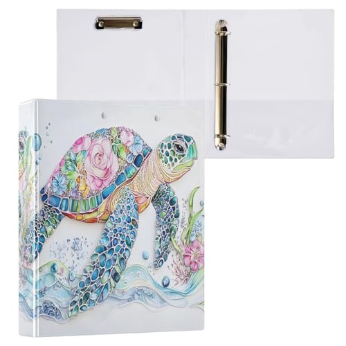 Image of 3 Ring Binder Sea Turtle Floral Ocean Map Nautical Coastal 1.5 inch Binders Three Ring Binders with Clipboard Fit 8.5'' x 11'' Paper 3 Interior PVC Clear Pockets for Office Supplies