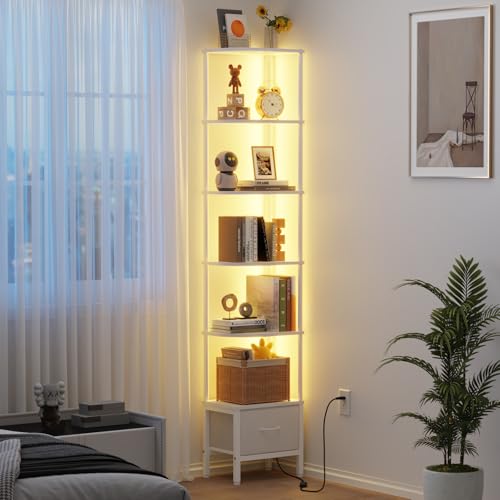 OYRREU Librería de Esquina con Cajón y Luz LED, Estantería Alta de 6 Baldas (191 cm), Estrecha para Salón o Dormitorio, Cajón de Tela, Blanco
