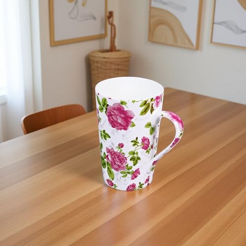 Taza alta de café Bone China floral 14 oz blanca-rosada miniatura 5