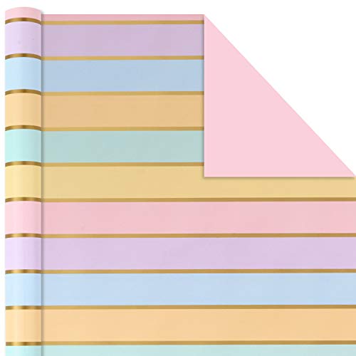 Hallmark All Occasion Reversible Wrapping Paper Bundle - Rainbow Stripes And Solid (3-Pack: 75 Sq. Ft. Ttl.) For Birthdays, Weddings, Bridal Showers, Baby Showers, Valentine's Day And More #TOP3