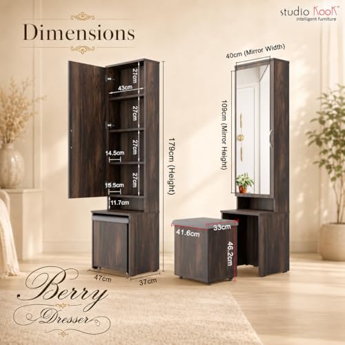 Image of Studio Kook Berry Dressing Table with Mirror & Stool, Junglewood | Engineered wood unit with a 109 x 40 cm mirror, concealed shelves and cushioned storage stool on castors. Height: 179 cm.