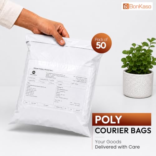 Image of BonKaso 13.5x17 Inch Poly Courier Bags with POD | 55 Microns Tamper-Proof Self-Seal Plastic Packaging Envelopes | Waterproof Shipping Covers for E-commerce & Courier Use - Pack of 50