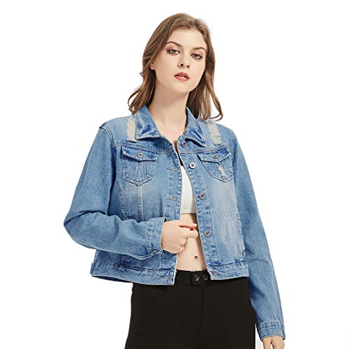 Fesky Long Sleeve Denim Jacket Ripped Jean Jacket Boyfriend Coat for Women