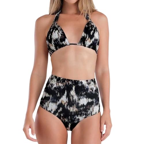 SHE BY MASH Biquini Estampa Dupla Hot Pant Triângulo Alças Largas, Preto, P