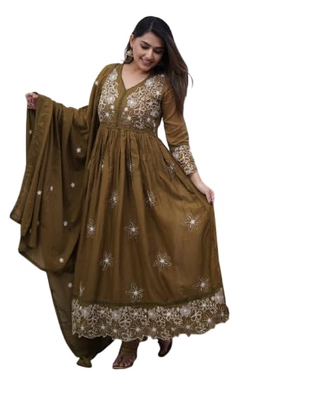 Women's Cotton Silk Embroidered Anarkali Set with Dupatta, V Neck Three Quarter Sleeves, Heavy Chikan Lace Work, Top Length-44 Inch,Bottom Length-38 Inch,Dupatta Length-2.30 Mtr-image-31