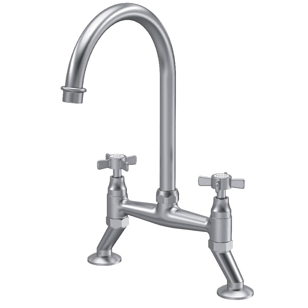 Astini Brushed Steel Victoria Brushed Nickel Twin Crosshead Kitchen Sink Bridge Mixer Tap