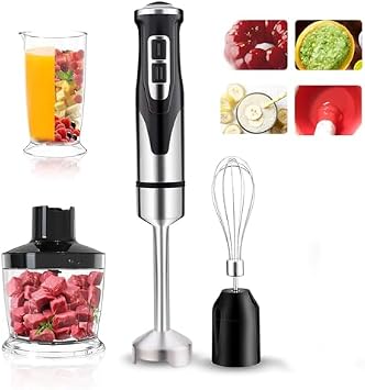Hand Blender 4-in-1 Kitchen Tool, Stainless Steel Blades, 2-Speed with Turbo, Includes Chopper Cups and Whisk for Purees and Smoothies
