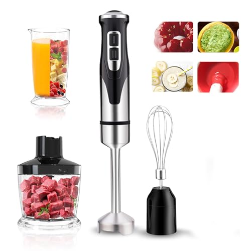 Batidora de mano con cuchillas de acero inoxidable, control de 2 velocidades, picadora y tazas para purés y batidos