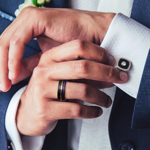 King Will Black Tungsten Ring for Men Hammer Wedding Band Gold Groove Sand Inlay4