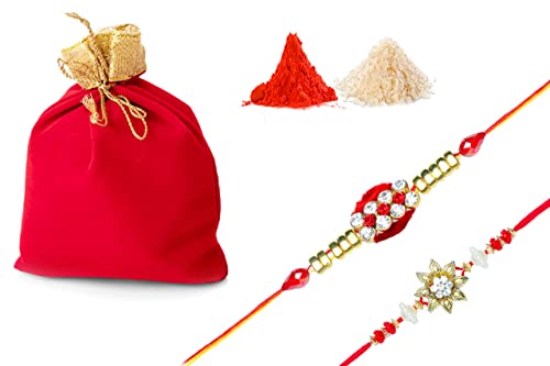 Lot de 2 bracelets Rakhi pour frère Bhaiya et Bhabhi Raksha Bandhan Rakhi Thread Dora avec Roli Chawal et carte de vœux dans une pochette Potli pour frère, sœur, festival indien, Pierre Cover