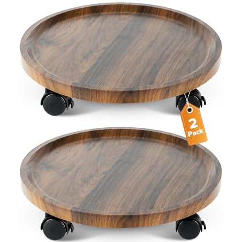 2 Pack Plant Caddy with Wheels, 14" Wood Rolling Plant Stand with 360° Lockable Wheels, Plant Stands Outdoor for Large Plants, Flower Cart Plant Dolly Plant Caster for Heavy Objects, Walnut 