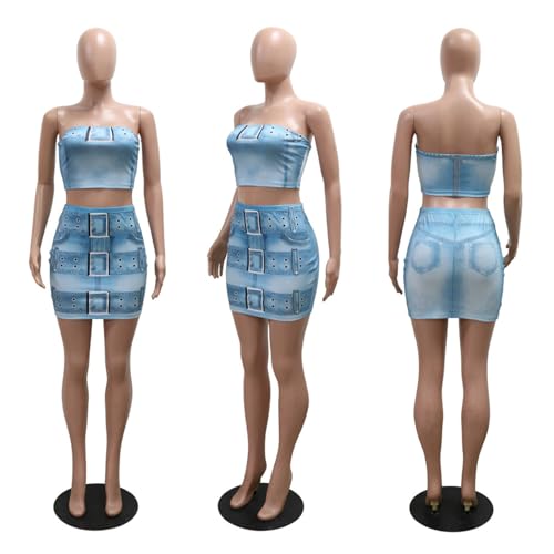 Women's Sexy 2 PCS Fake Denim Printed Tube Tops Bodycon Skirts Cocktail Party Dress Outfits Set4