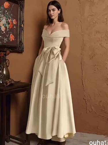 Tea Length Satin Mother of Bride Dresses with Bow Off Shoulder Formal Evening Party Dress for Wedding3