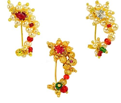 JEWELOPIA Marathi Clip On Nose ring Non Piercing Gold Plated Pearl Maharashtrian Nath For Women & Girls (Red) (combo 3) (Gold combo 3) (B09WKKZJPB) Amazon Price History, Amazon Price Tracker