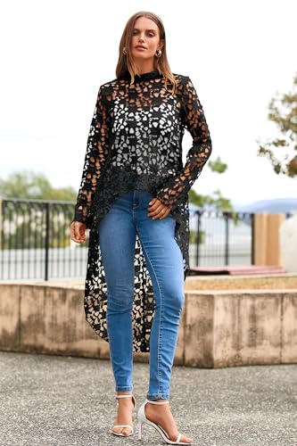 PRETTYGARDEN Vestido feminino de manga comprida, gola redonda, assimétrico, bainha irregular, blusa