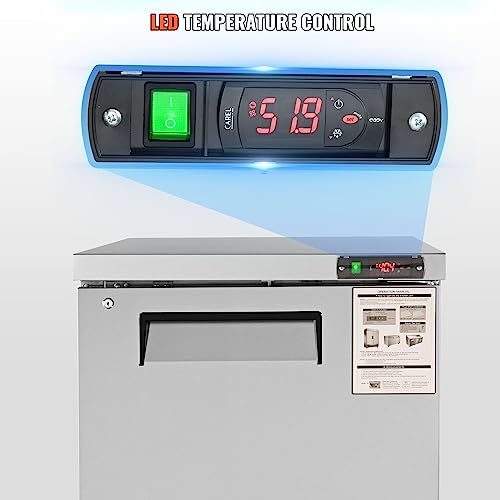 Image of VEVOR 28 inch W Commercial Refrigerator, Undercounter Worktop Refrigerator, 7.4 Cu. Ft Thick Stainless Steel Refrigerated Food Prep Station Fan Cooling Single Door Worktop Fridge with lock for Bar