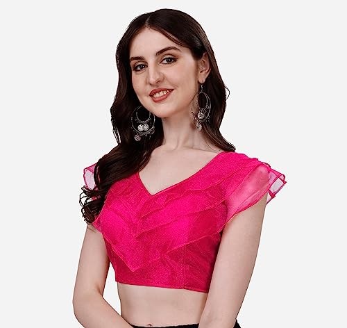 Image of Pujia Mills Women's V Neck Orgenza Three Layer Ruffle Sleeve Frill Readymade Saree Blouse