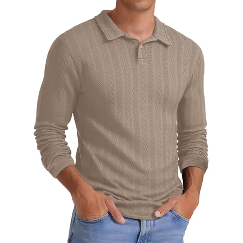 Mens Knit Polo Shirts Long Sleeve Casual Textured Golf Polo Shirts Dress Collared Sweater Pullover