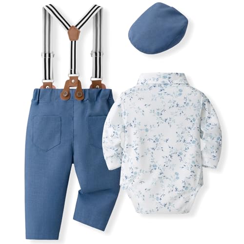 Image of SALNIER Baby Boy Suit Set Infant Formal Outfit Tuxedo | Soft Cotton Shirt Suspenders Pants Bow Tie Beret Hat 5pcs Set, For Wedding Baptism Birthday Party