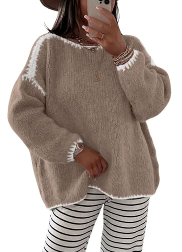 Image of chouyatou Women's Fall Color Block Sweater Casual Loose Crewneck Knitted Pullover Jumper Tops