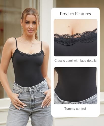 Popilush Lace Body Suits Women - Square Neck Sleeveless Thong Bodysuit Tummy Conotrol Double Lined Camisole Tank Tops4