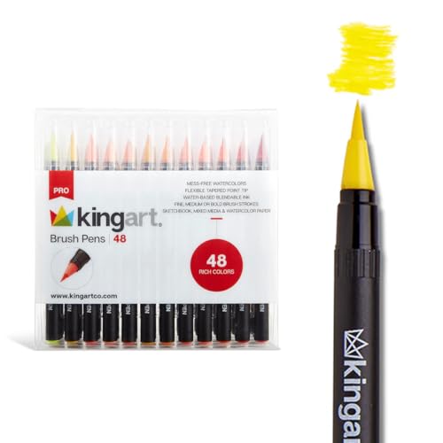 KINGART Pro Brush Pens, 48 Colors for Real Watercolor Painting with Flexible Nylon Brush Tips, Paint Markers for Coloring, Calligraphy and Drawing for Artists and Beginner Painters