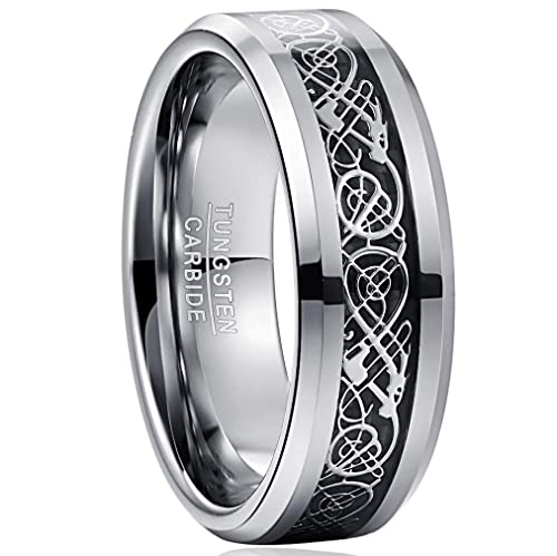 Vakki Celtic Dragon Rings for Men 8mm Blue/Silver Carbon Fiber Inlay Tungsten Carbide Wedding Band Beveled Edge Size 5-14