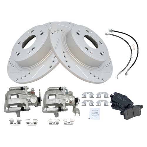 Image of TRQ Performance Rear Brake Pad and Rotor Set Ceramic Drilled Slotted Coated