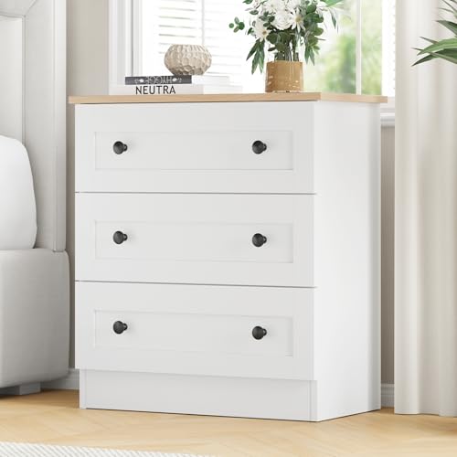 Furnify 3 Drawer Dresser for Bedroom, Small Chests of Drawers, Farmhouse Wood Nightstand Bedside Cabinet End Table, Modern Closet Storage Organizer for Bedroom, White