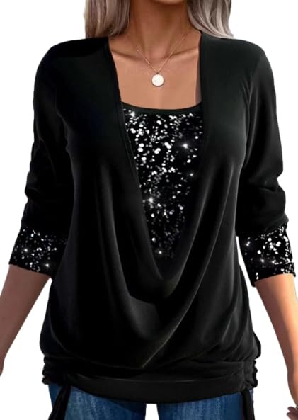 GAGFDA Sequin Loose Smocked Fake Two-Piece Top, Evening Tops Women Long Sleeve V Neck Solid Plus Size Loose Sequin T Shirt,for Party (Black,L)