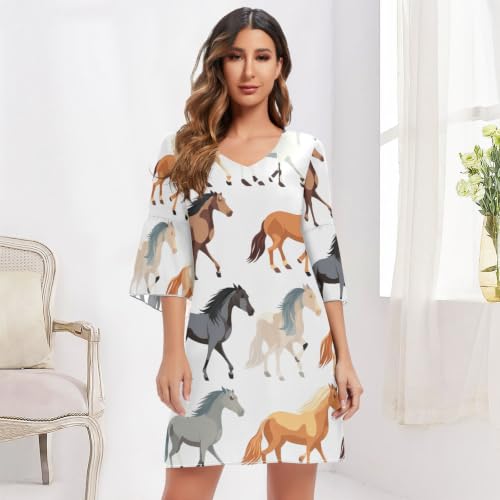 Robe mousseline de soie imprimé cheval col V décontractée été - 6