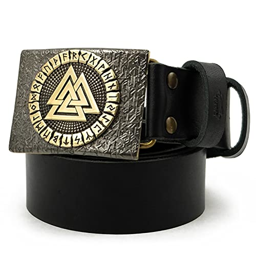 Leather belt with Valknut belt buckle, Knot of the dead Old Norse Scandinavian Viking Pagan solid brass buckle on 1.5