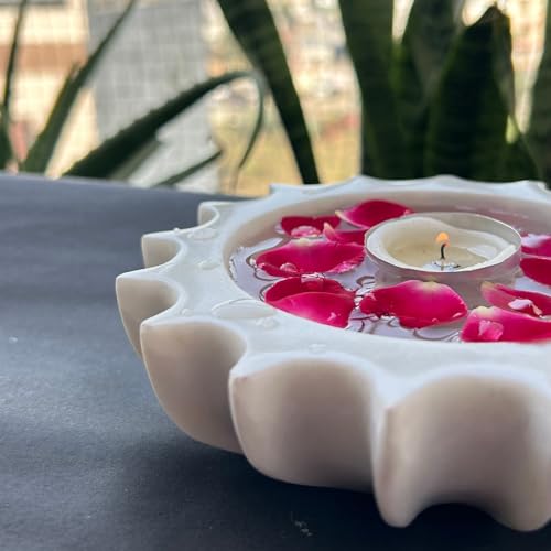 Image of Marble Urli Bowl for Decoration | Big Potpourri Decorative Bowls in Home decor | Large White Floating Flower Plates of Stone | Small Shape puja Item | (6 inch, Sunburst)