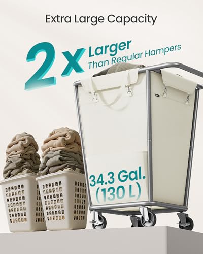SONGMICS Wäschekorb mit Rollen, Rollwäschekorb 130 Liter mit herausnehmbarem Beutel, stabiler Stahlrahmen, cremeweiß URLS008W01 – Ansicht 3