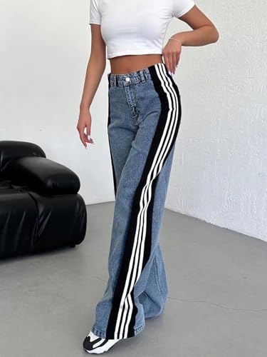 Conshvi Women's Wide Leg Jeans Striped Patchwork High Waisted Stretch Baggy Jeans Trendy Color Block Straight Leg Denim Pants4