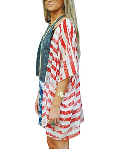 Image of Women's American Flag Kimono Cardigan 4th of July Cover Up Lightweight Patriotic Kimono Cover Up